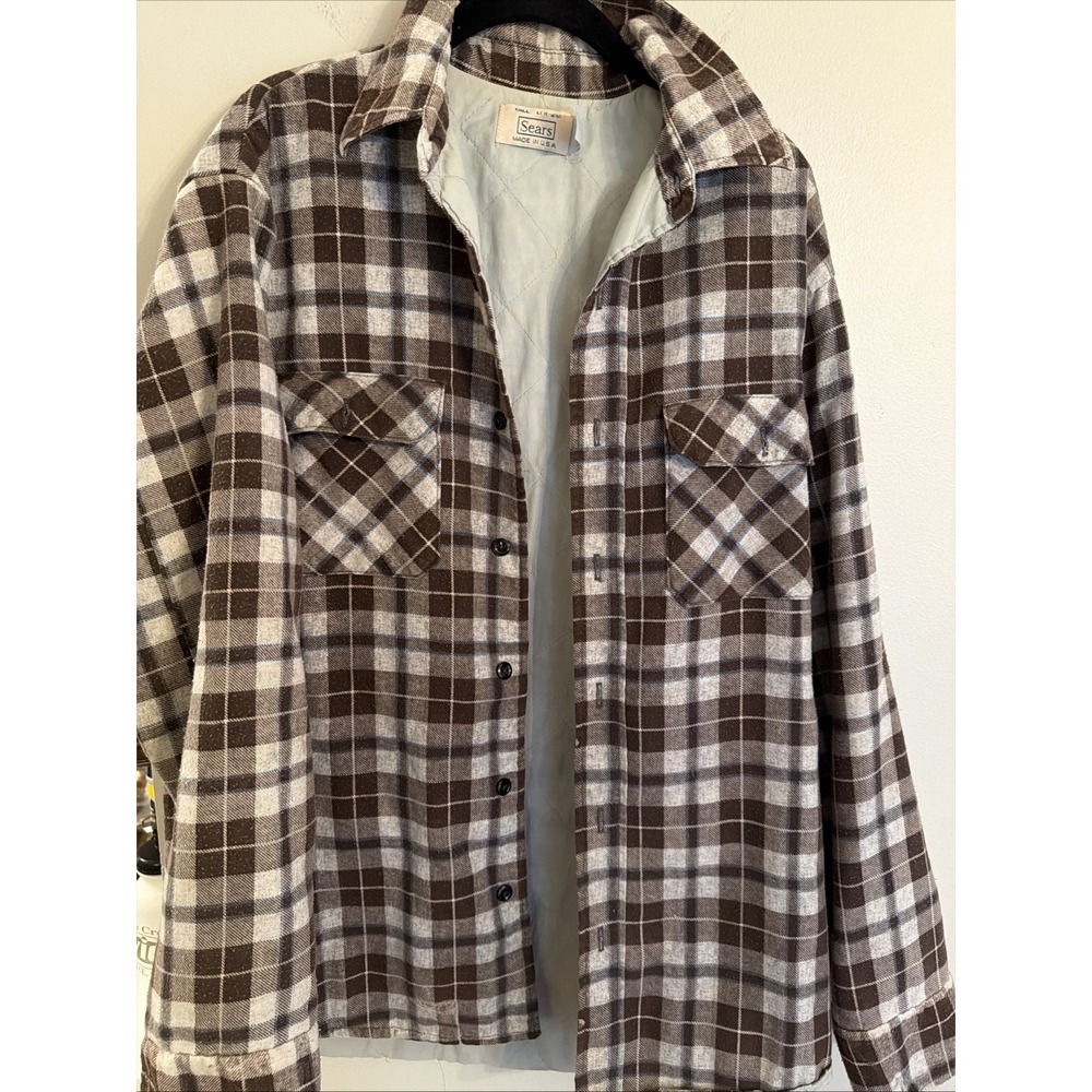 Vintage Sears Flannel Plaid 100% Cotton L TALL Shirt Made In USA Perma-Prest